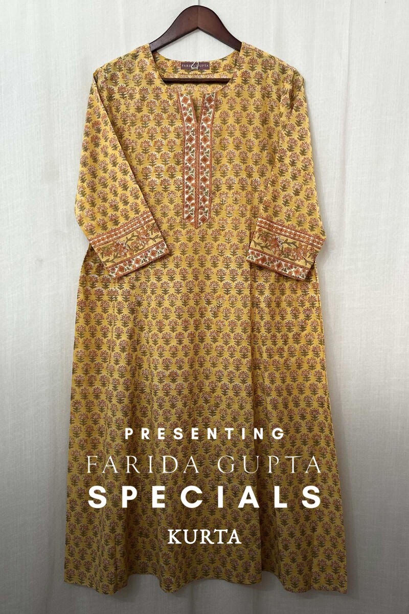 Yellow Hand Block-Printed A-Line Cotton Slub Kurta