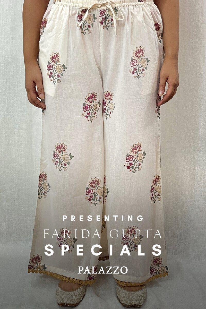 White Hand Printed Cotton Palazzo