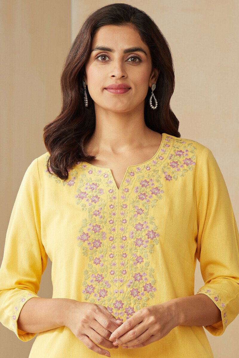 Yellow Handcrafted Straight Cotton Flax Kurta