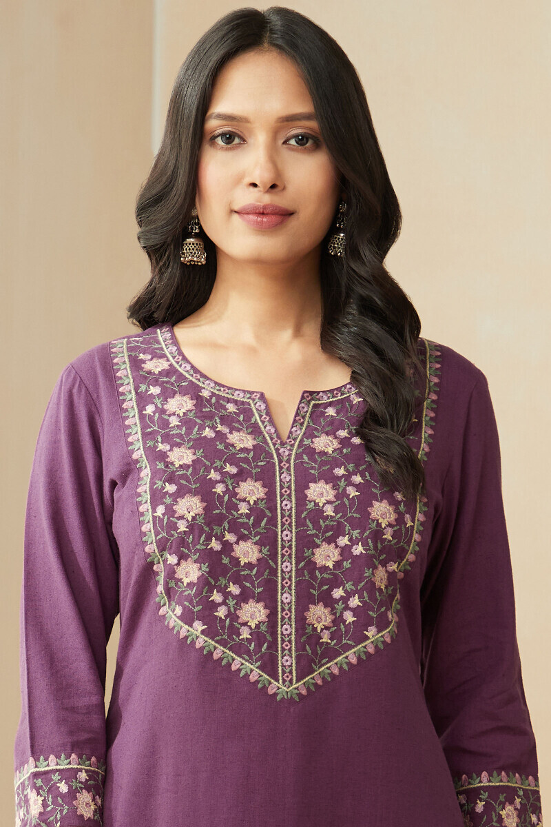 Dark Purple Handcrafted Straight Cotton Flax Kurta