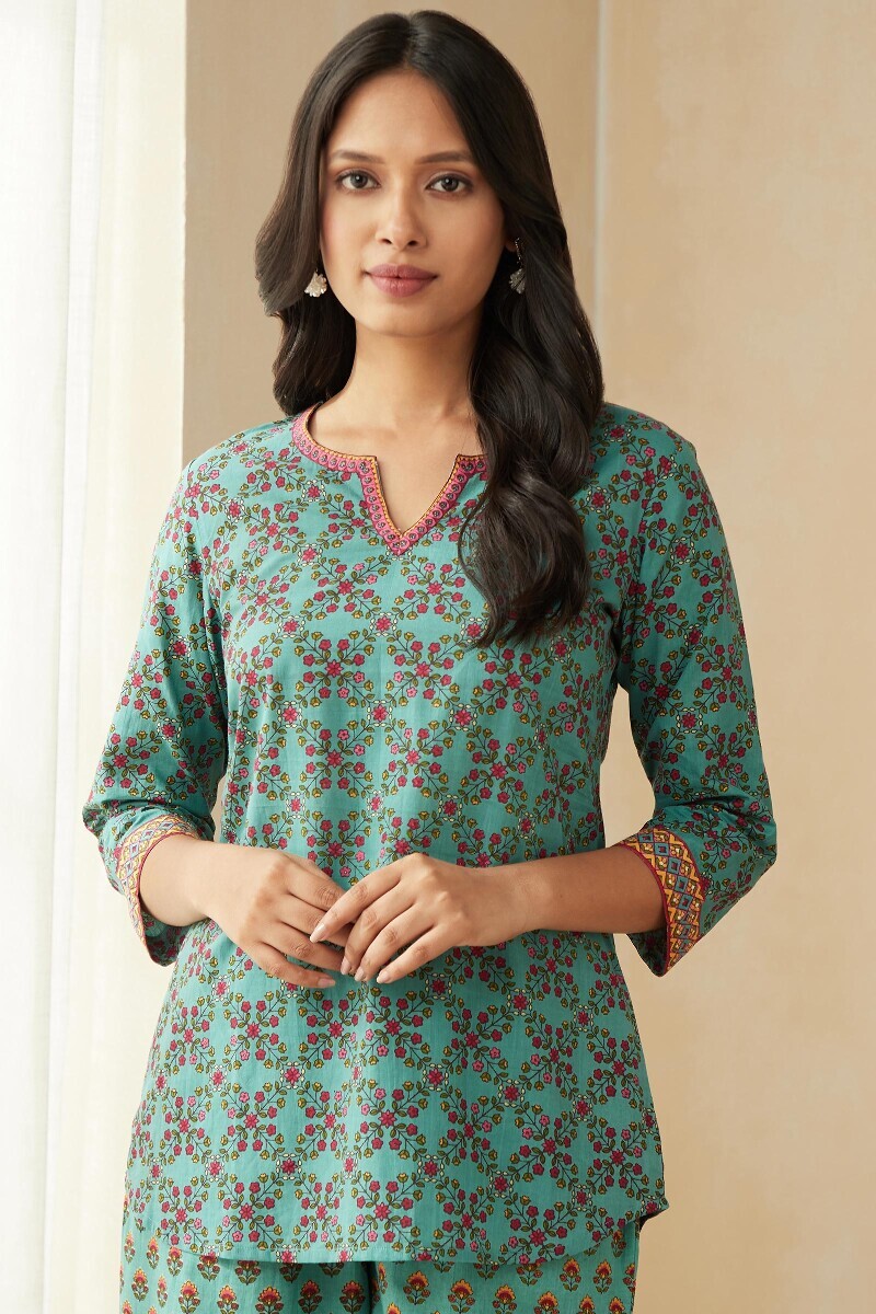 Blue Hand Printed Cotton Loungewear Set