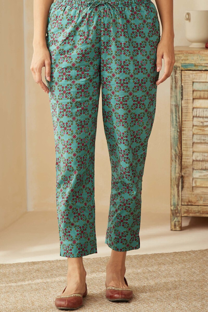 Blue Hand Printed Cotton Narrow Pants