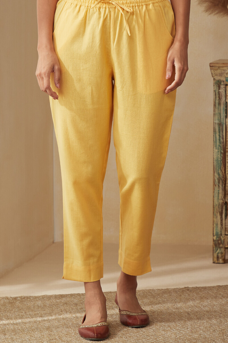Yellow Handcrafted Cotton Flax Narrow Pants