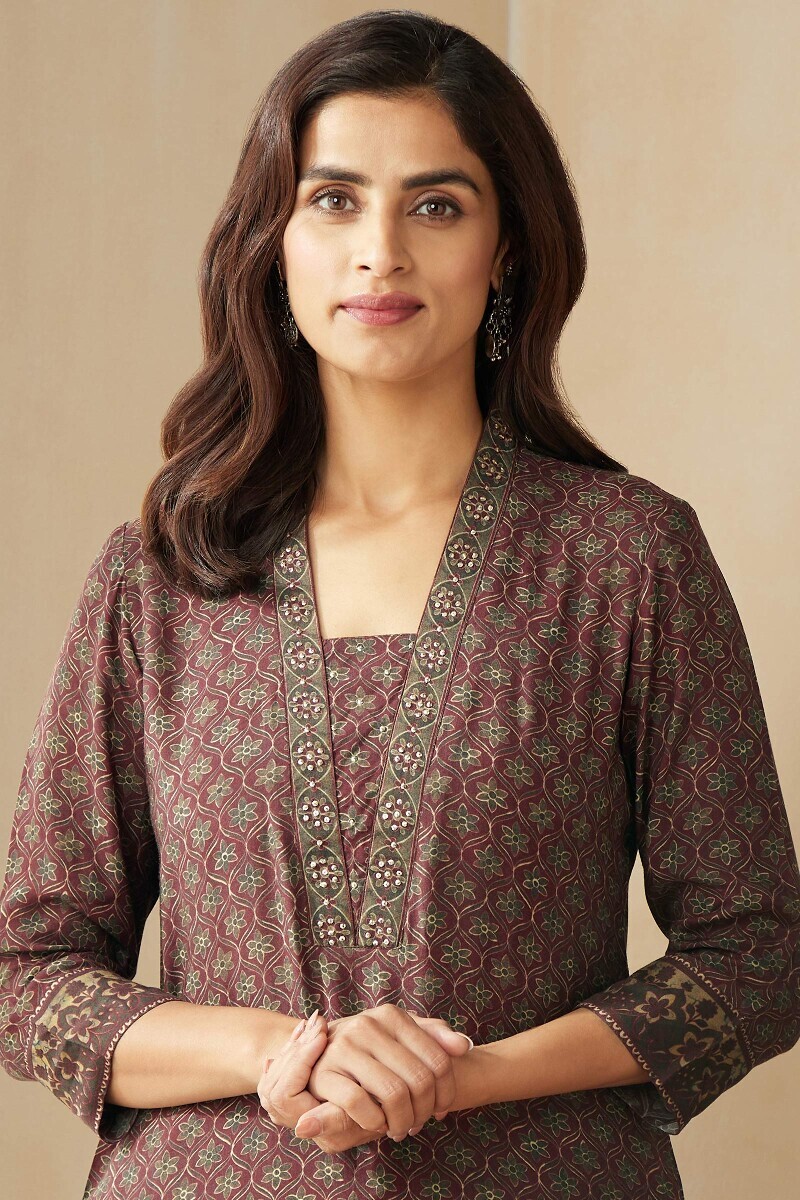 Maroon Printed Straight Viscose Kurta