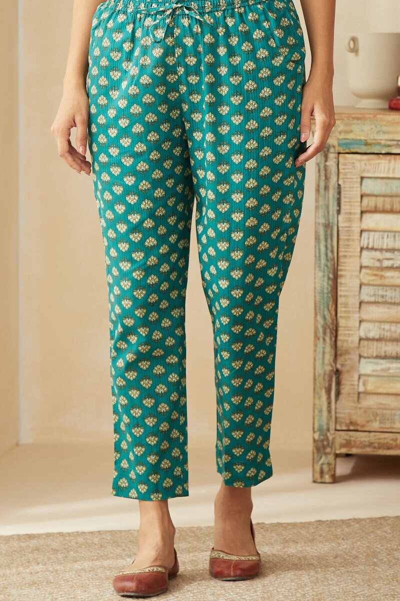 Teal Hand Printed Cotton Dobby Narrow Pants