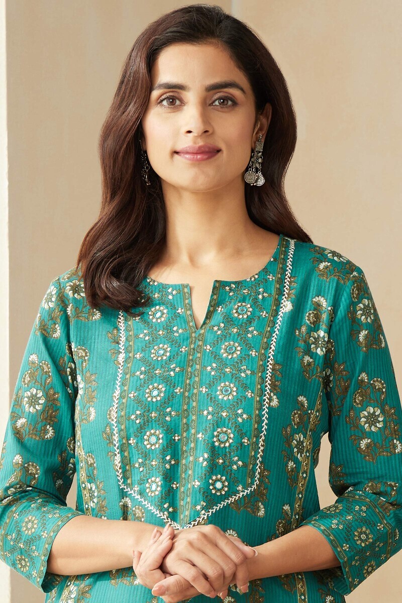 Teal Hand Printed Straight Cotton Dobby Kurta