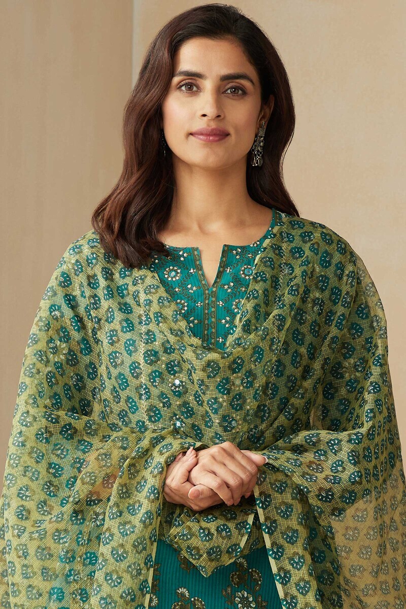 Green Hand Printed Kota Dupatta