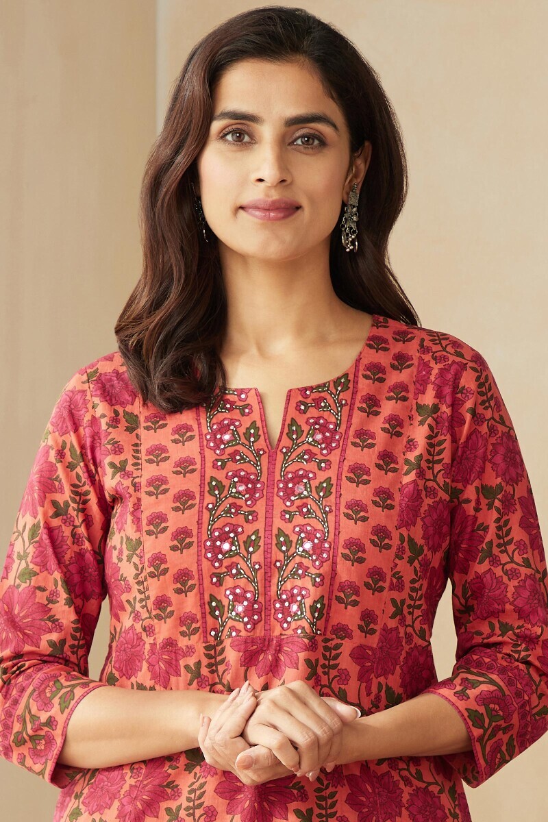 Orange Hand Printed Straight Cotton Kurta
