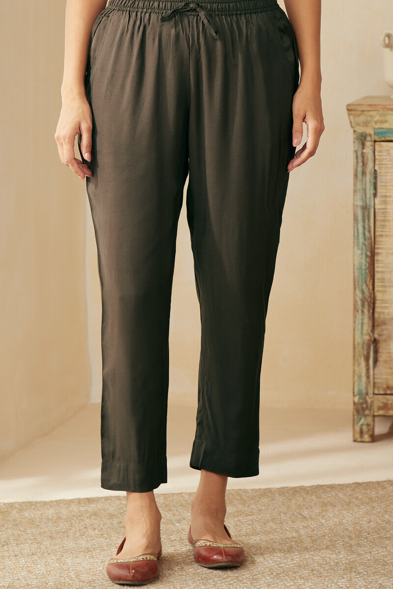 Olive Green Handcrafted Viscose Narrow Pants