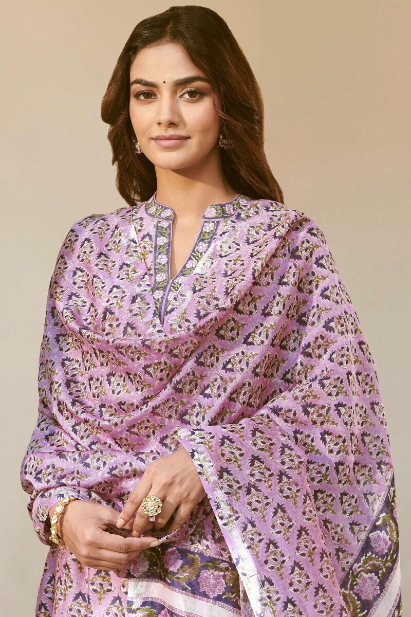 Purple Hand Block-Printed Chanderi Dupatta