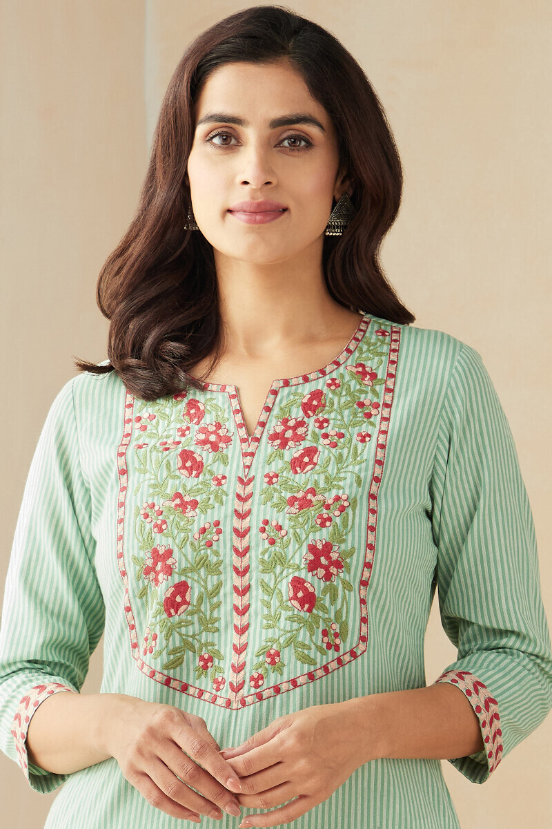 Green Handcrafted Straight Cotton Kurta