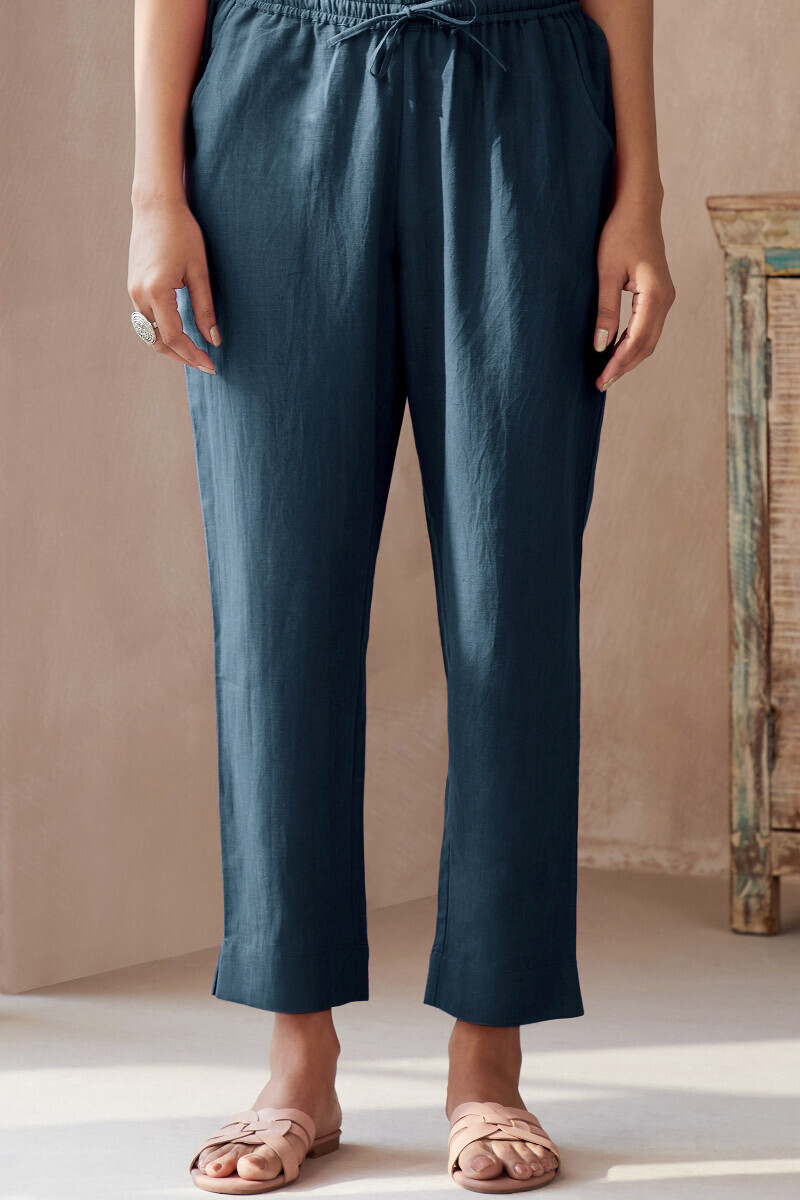 Midnight Blue Handcrafted Cotton Flax Narrow Pants