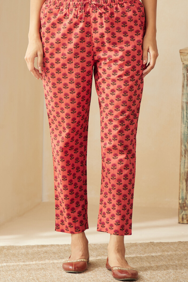 Orange Hand Printed Cotton Narrow Pants