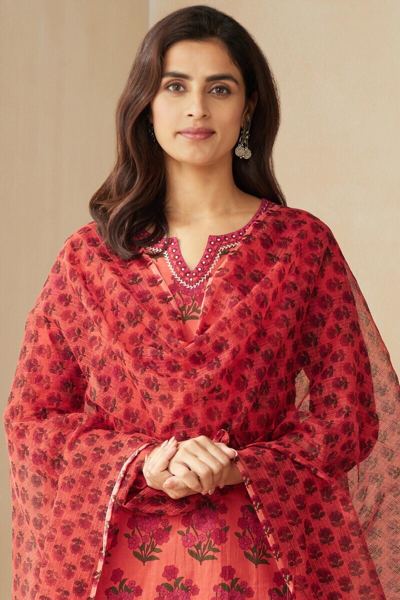 Orange Hand Printed Kota Dupatta