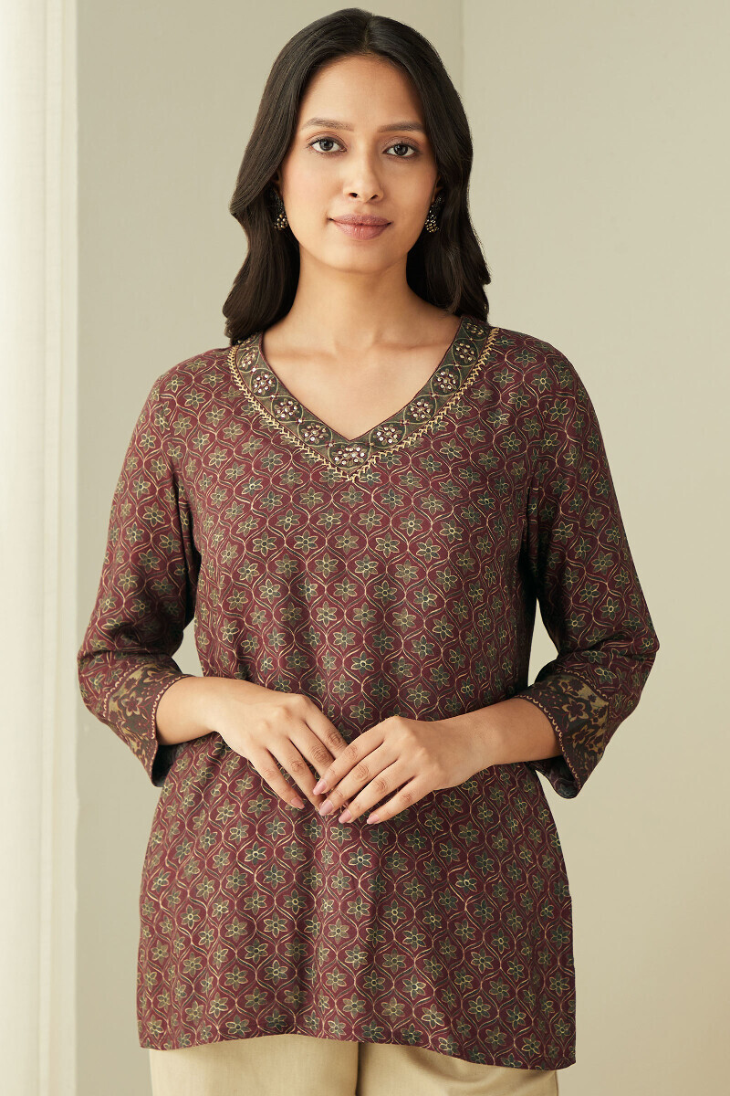 Maroon Printed Viscose Top