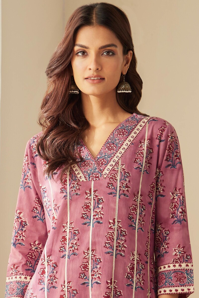 Purple Hand Block-Printed Straight Cotton Kurta