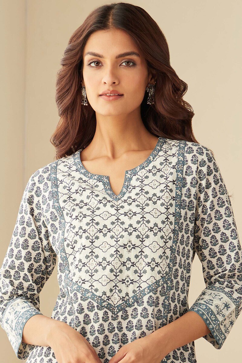 Off-White Hand Printed Straight Cotton Kurta