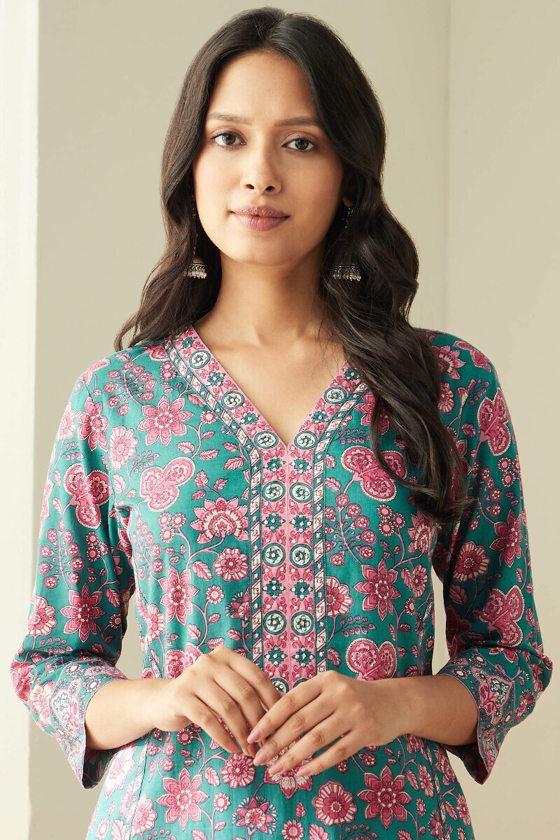 Green Hand Printed Straight Cotton Kurta