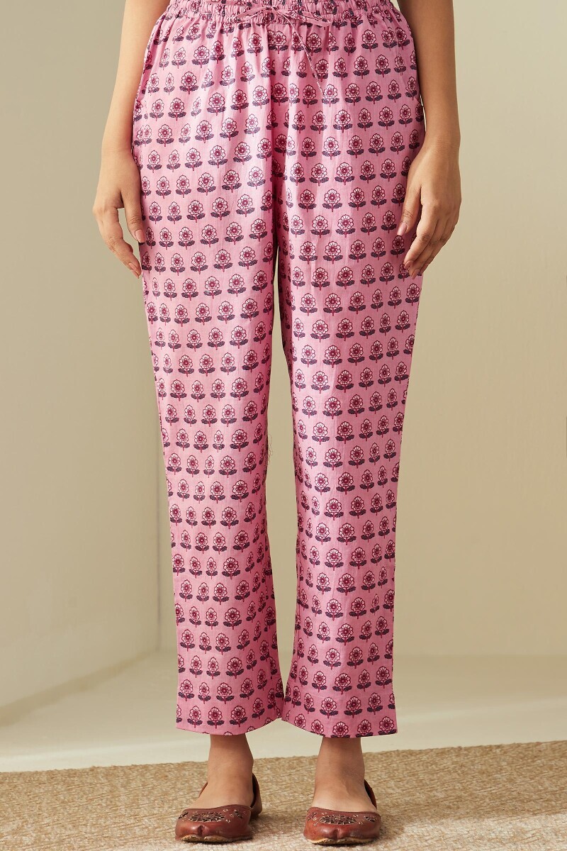 Pink Hand Printed Cotton Narrow Pants