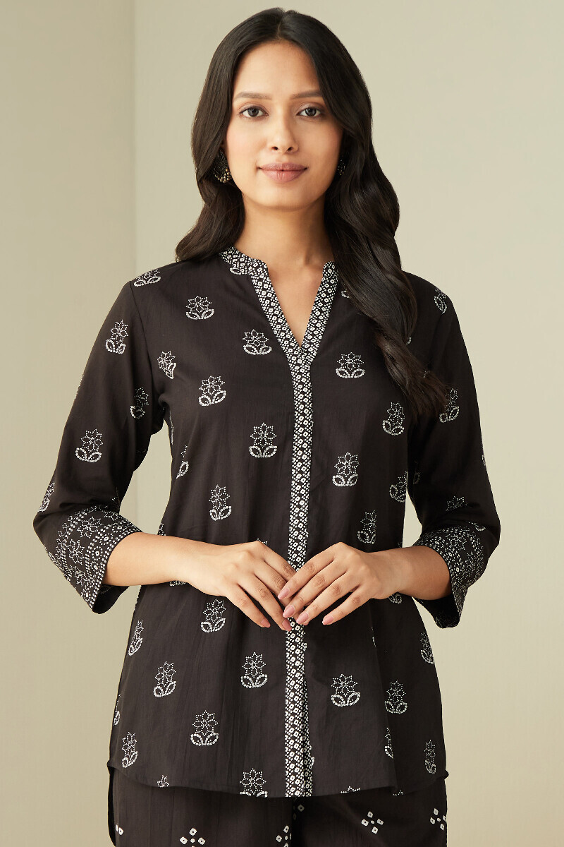 Black Hand Printed Cotton Loungewear Set