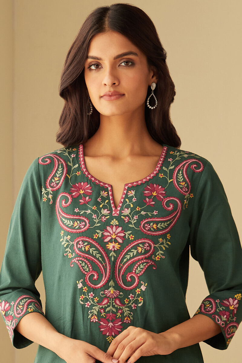 Green Handcrafted Straight Cotton Flax Kurta