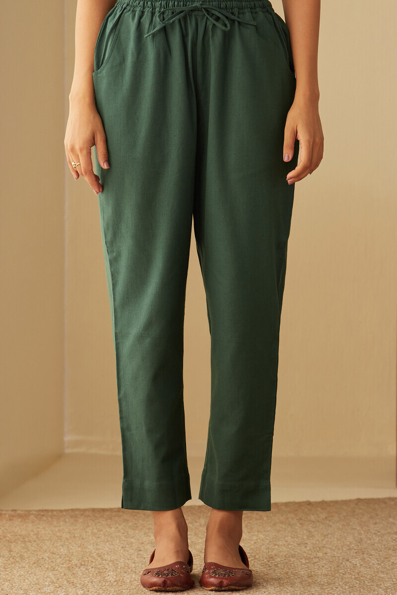 Green Handcrafted Cotton Flax Narrow Pants