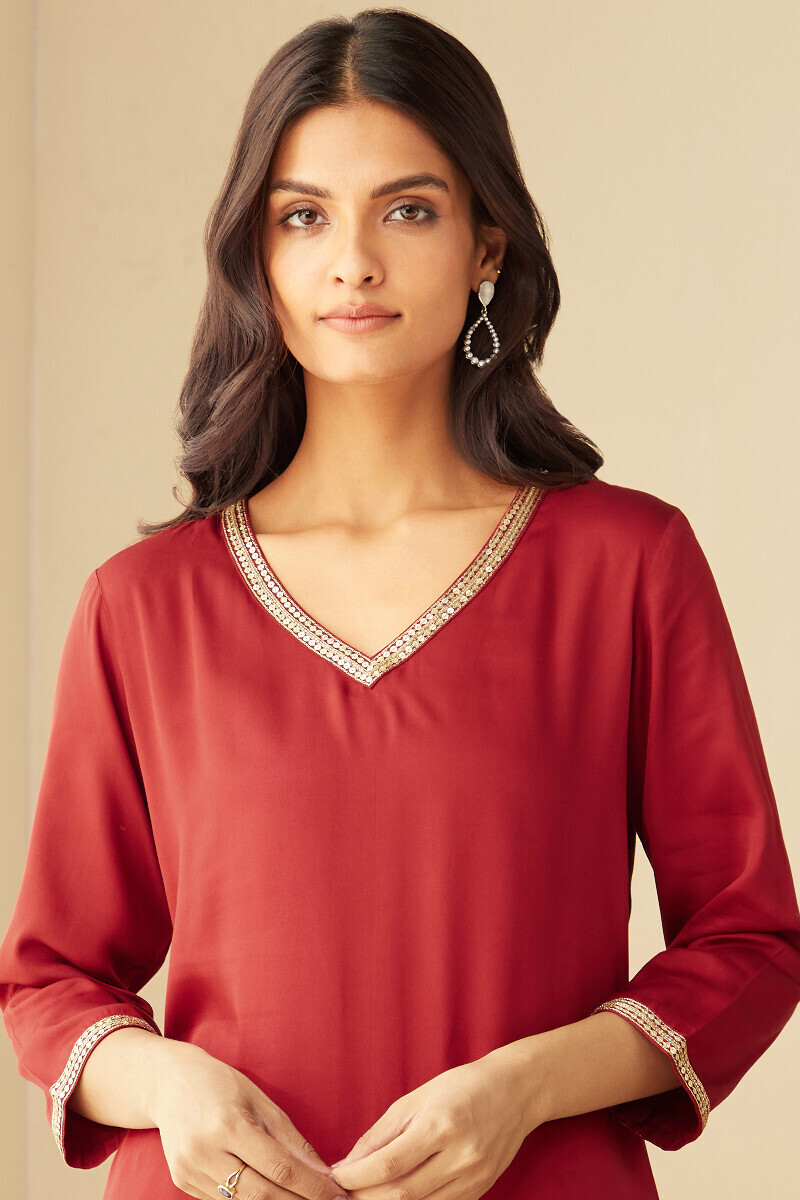 Red Handcrafted Straight Modal Satin Kurta