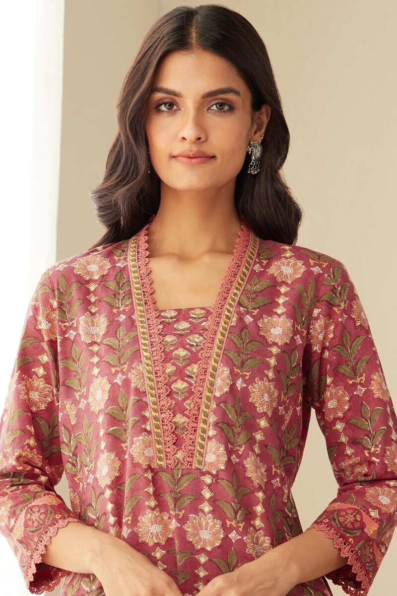 Pink Hand Block-Printed Straight Cotton Kurta