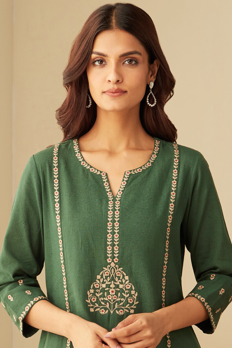 Green Handcrafted Straight Cotton Flax Kurta