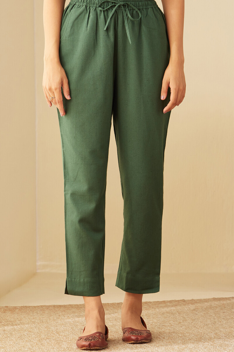 Green Handcrafted Cotton Flax Narrow Pants