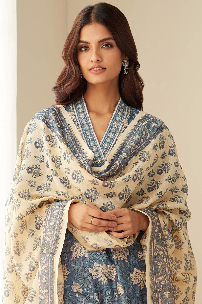 Beige Hand Block-Printed Chanderi Dupatta