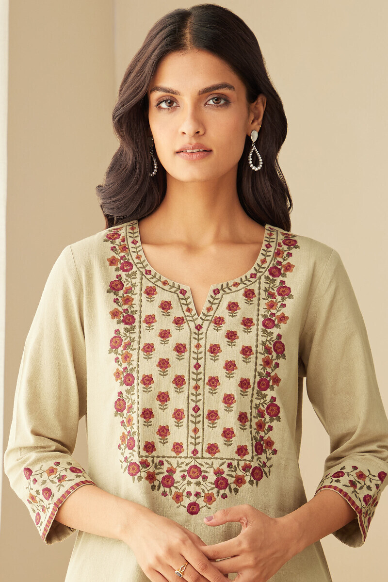 Beige Handcrafted Straight Cotton Flax Kurta