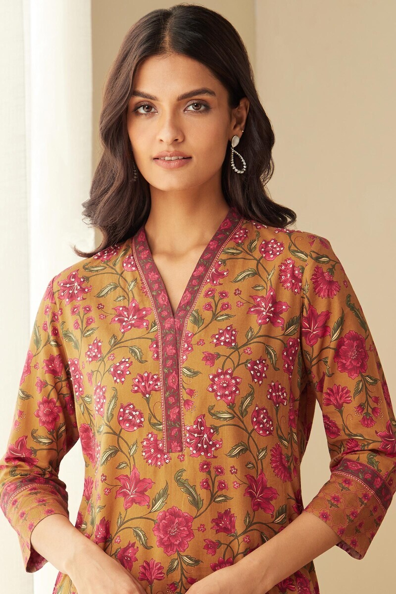 Mustard Printed Straight Cotton Kurta
