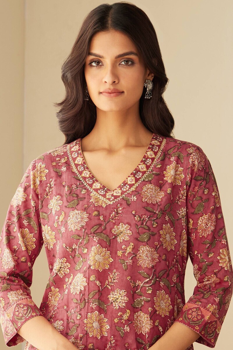 Pink Hand Block-Printed Straight Cotton Kurta