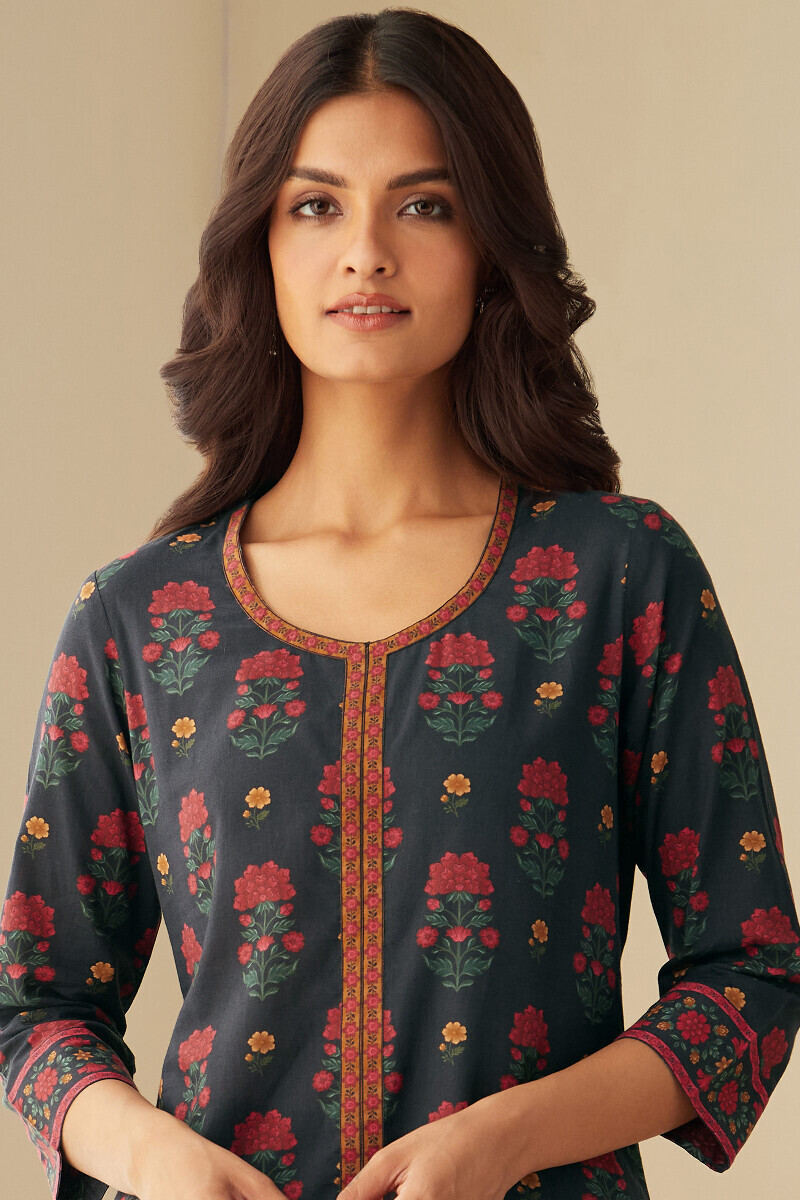 Black Printed Straight Cotton Kurta