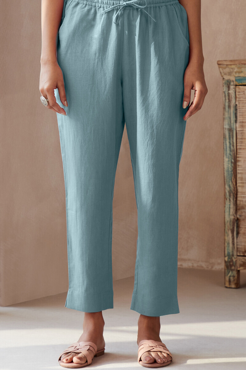 Sky Blue Handcrafted Cotton Flax Narrow Pants