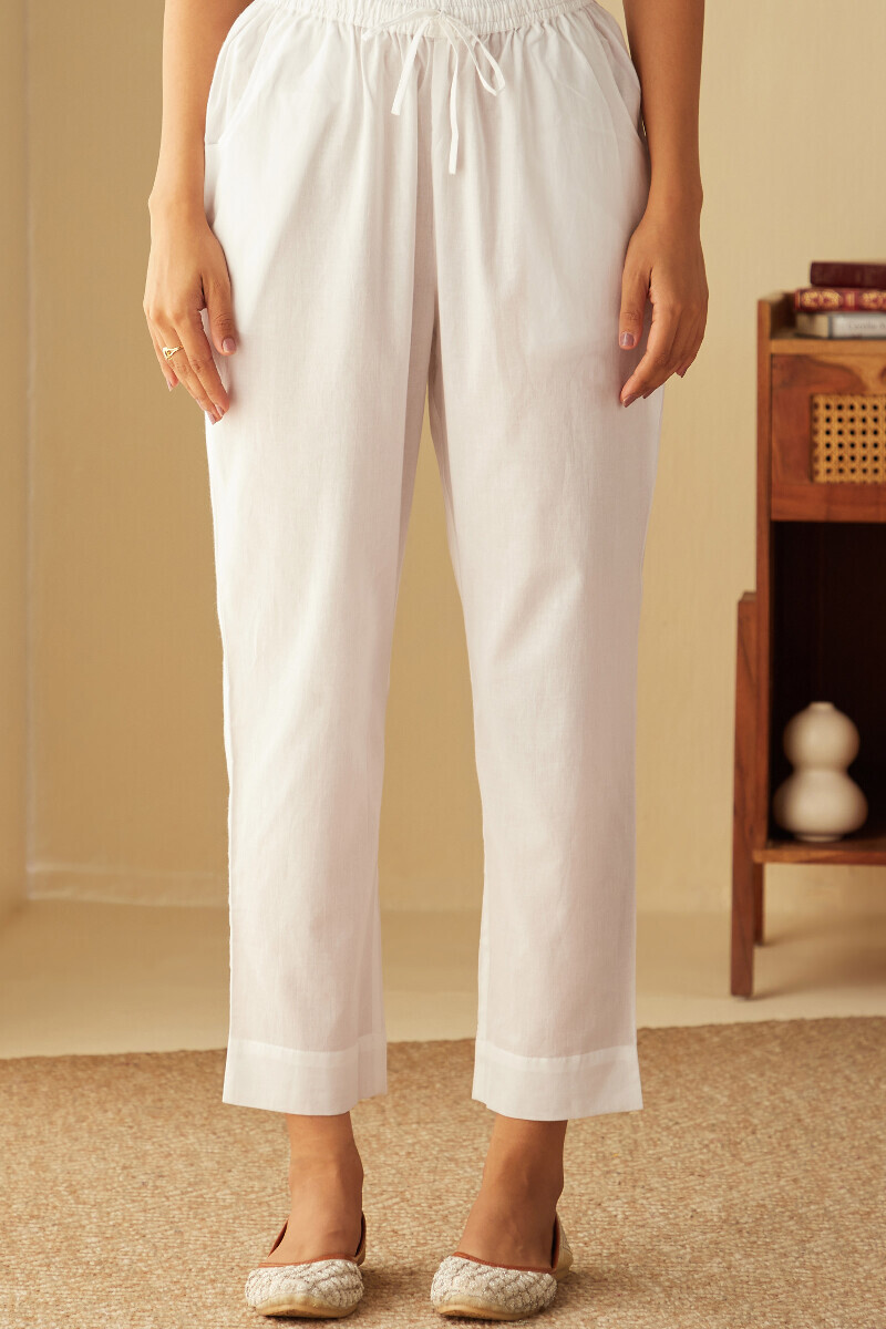 White Handcrafted Cotton Narrow Pants
