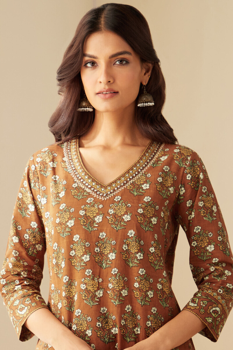 Brown Hand Printed Straight Cotton Slub Kurta