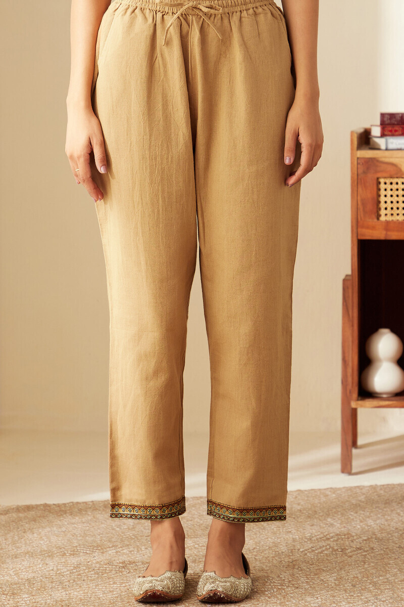Brown Handcrafted Cotton Flax Narrow Pants