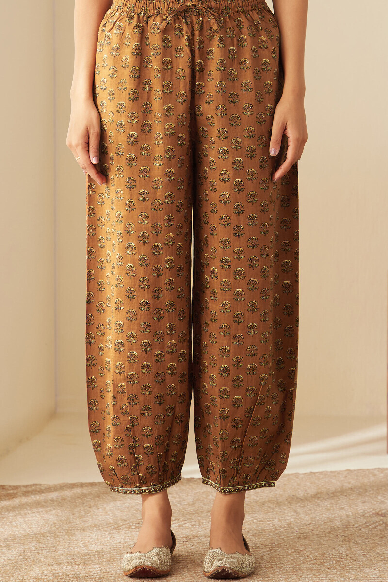 Brown Hand Printed Cotton Slub Izhaar Pants