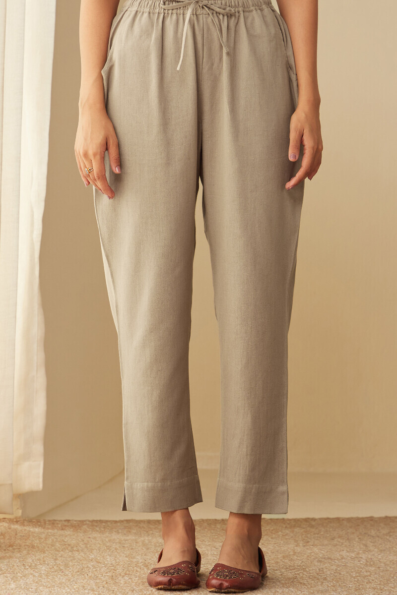 Grey Handcrafted Cotton Flax Narrow Pants