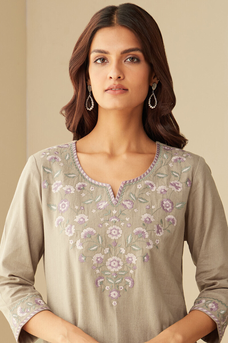 Grey Handcrafted Straight Cotton Flax Kurta