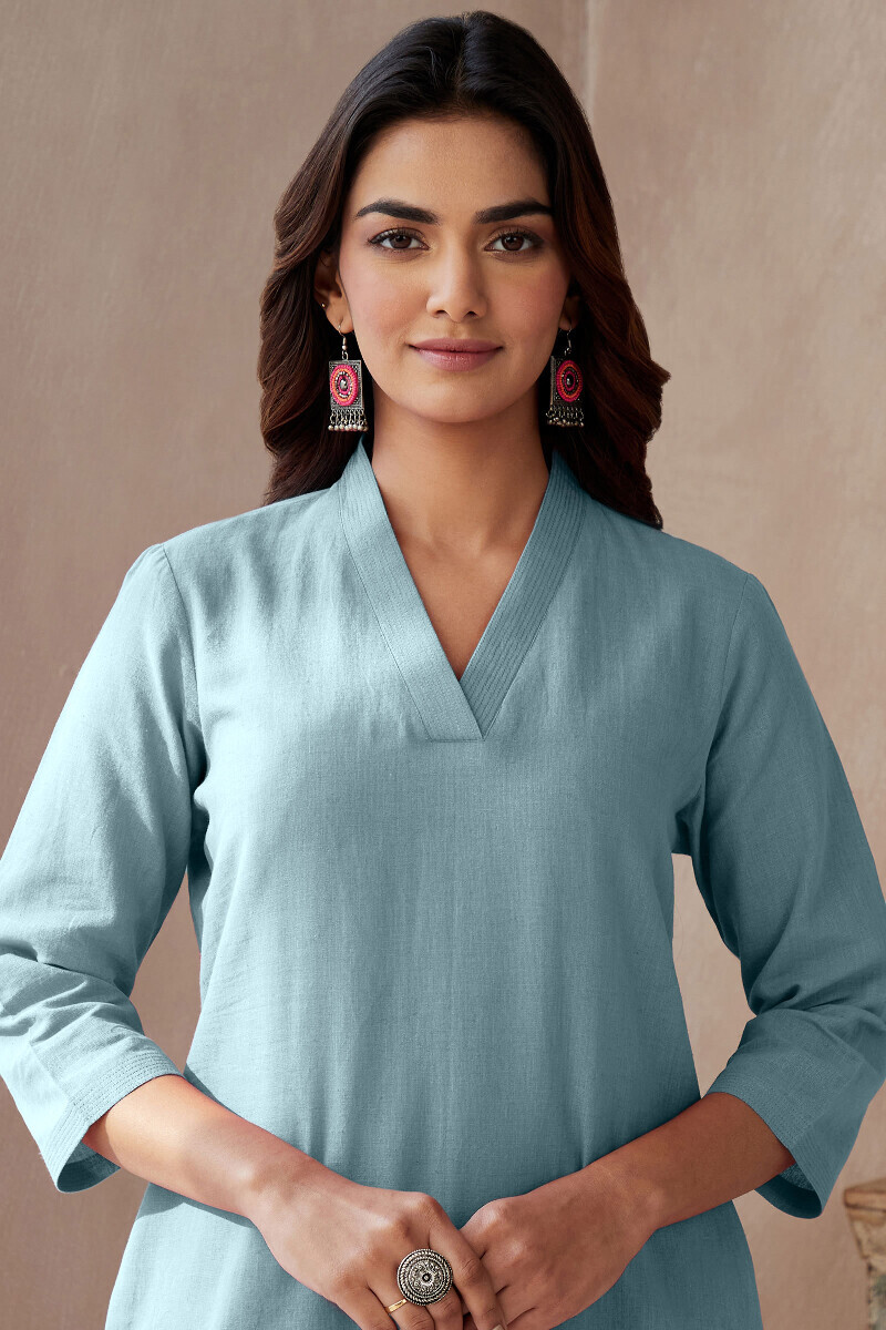 Sky Blue Handcrafted Straight Cotton Flax Kurta