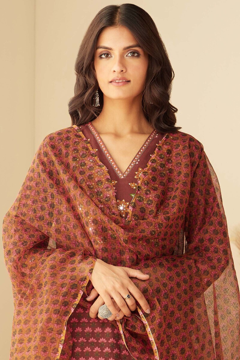 Brown Hand Printed Kota Dupatta