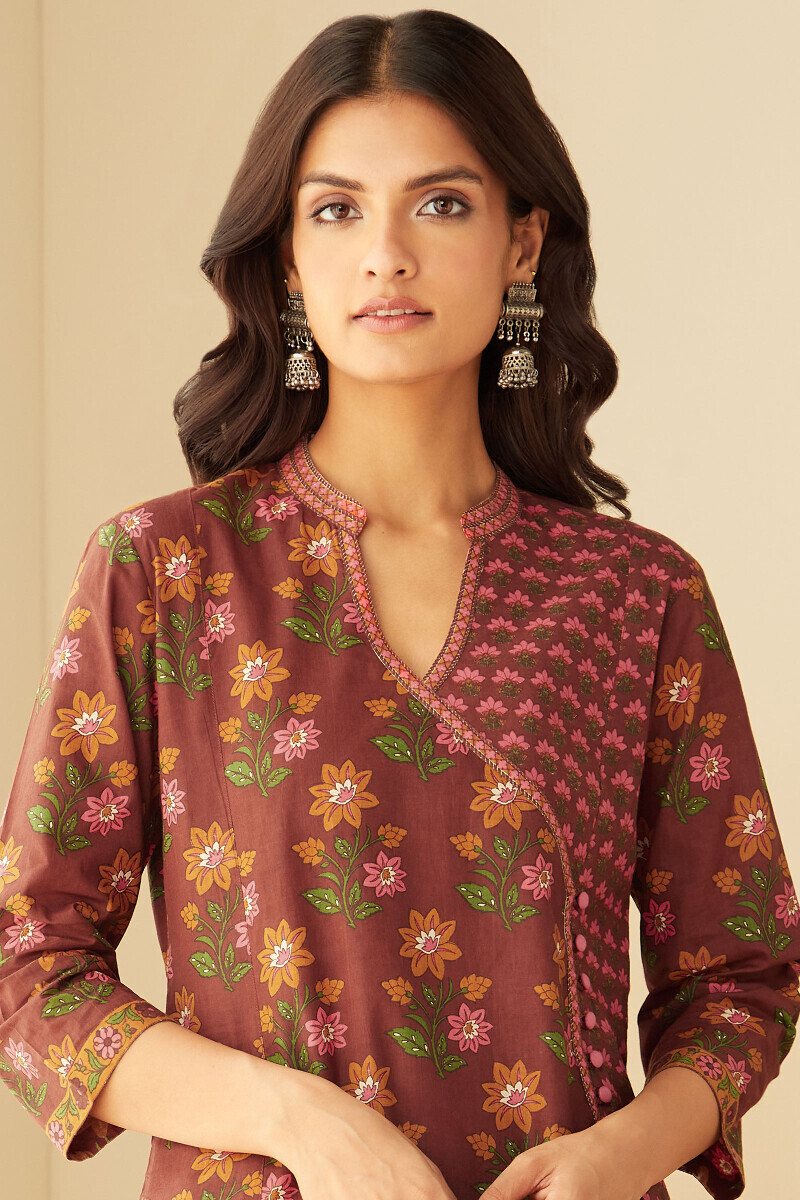 Brown Hand Printed Angrakha Cotton Kurta