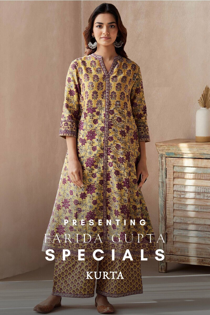 Yellow Hand Block-Printed A-Line Chanderi Kurta