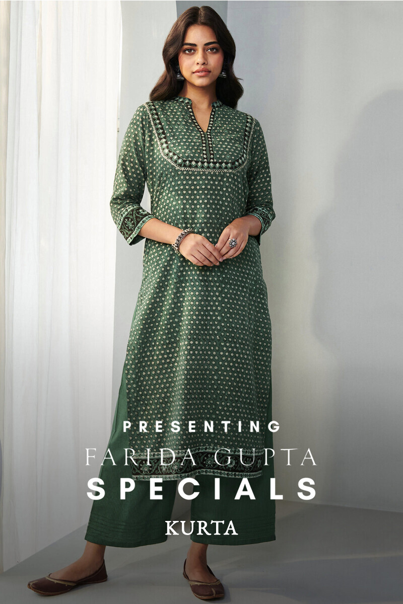 Green Hand Block Printed Straight Cotton Dobby Kurta