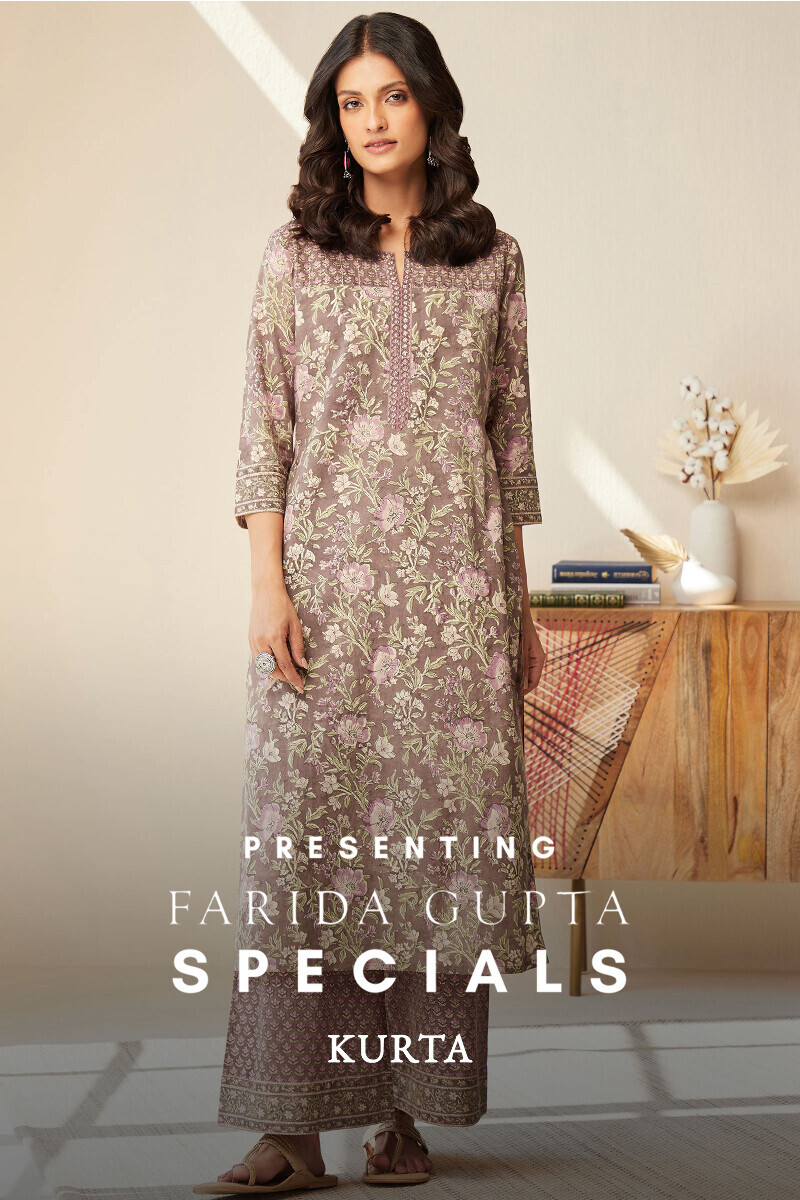 Brown Hand Block-Printed Straight Cotton Kurta