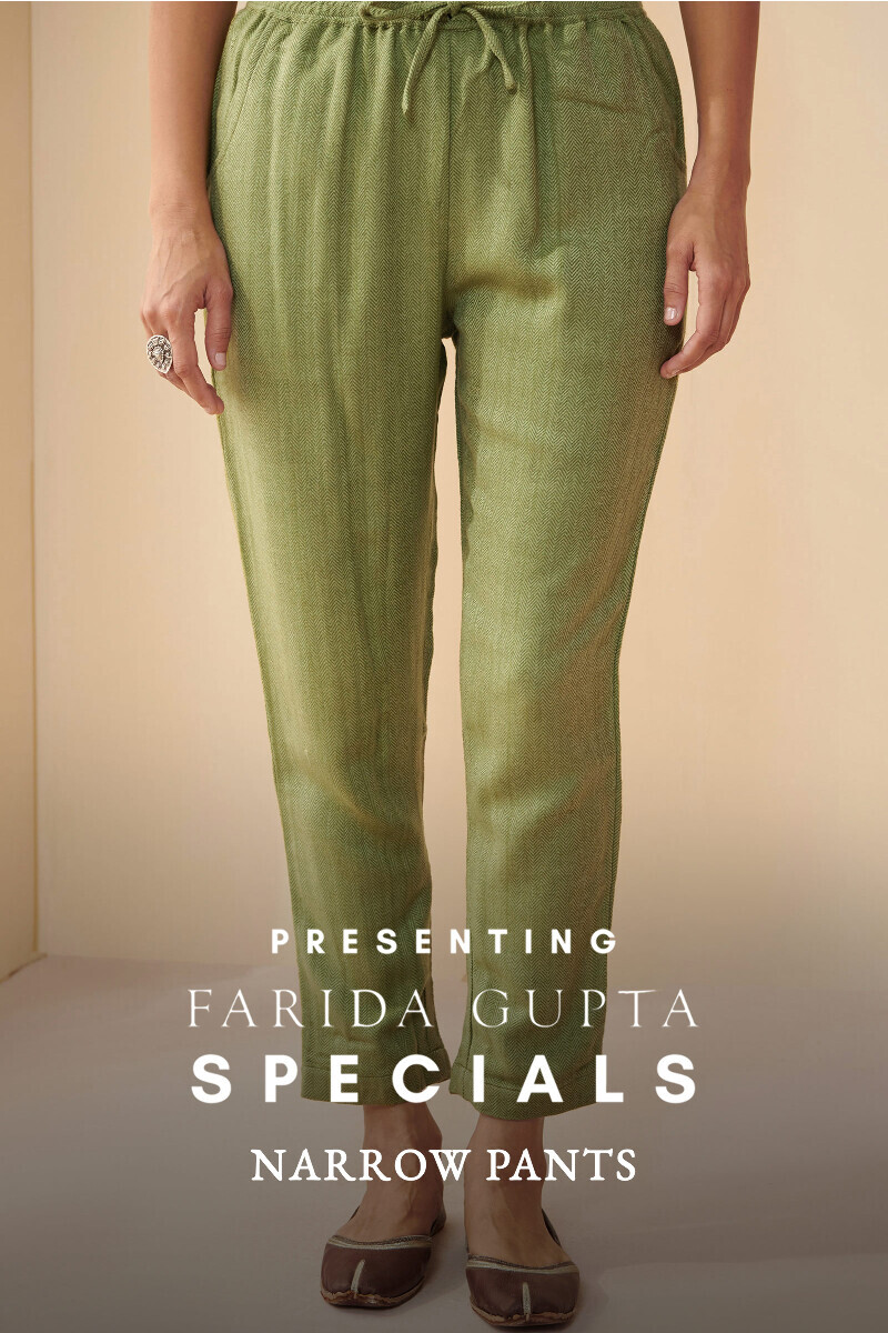 Green Handcrafted Faux Wool Narrow Pants