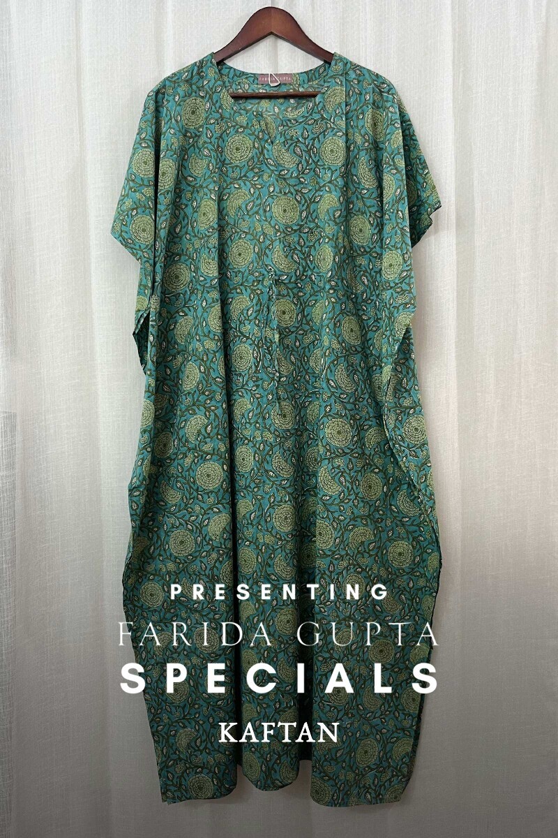 Turquoise Hand Block-Printed Cotton Kaftan